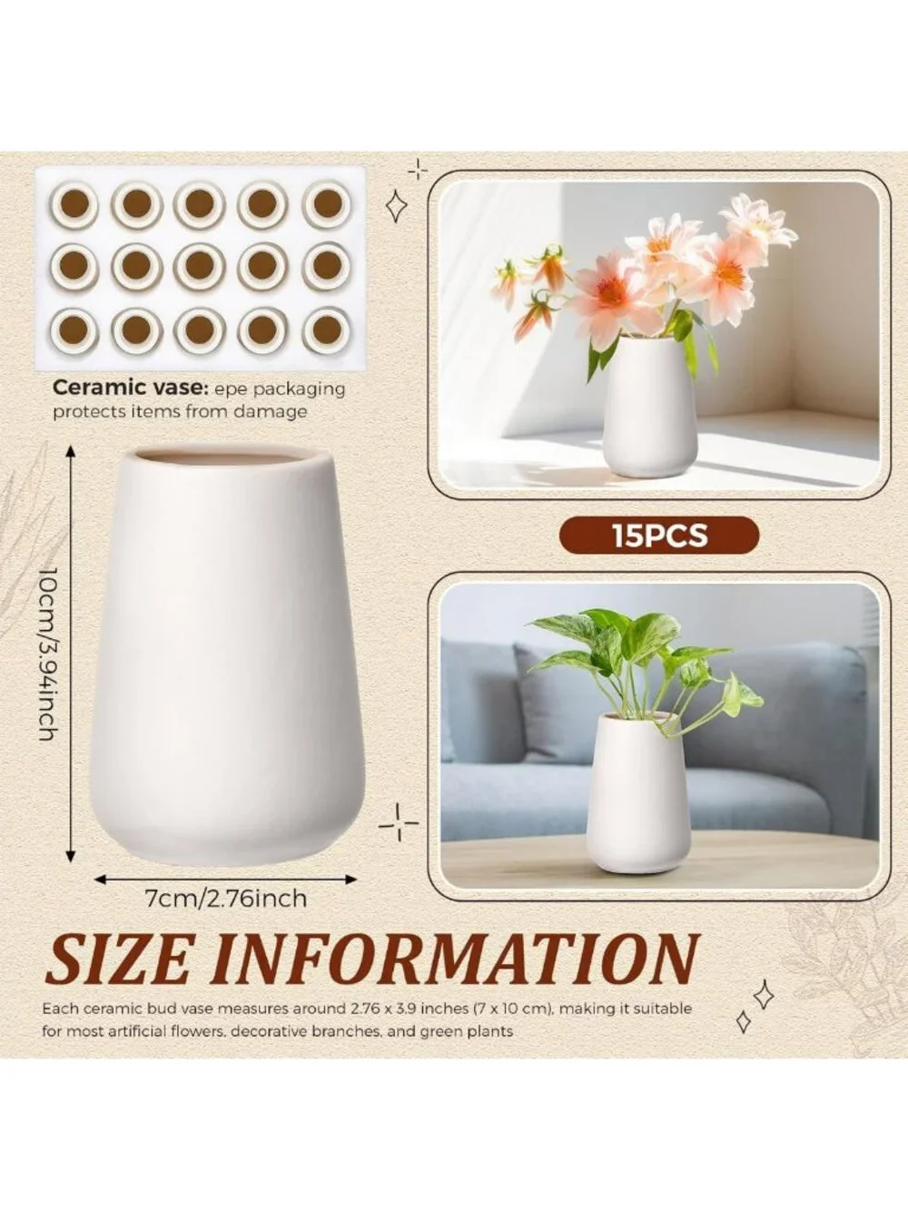 15 Pack White Ceramic Bud Vases - Boho Small Flower Vases for Home Decor
